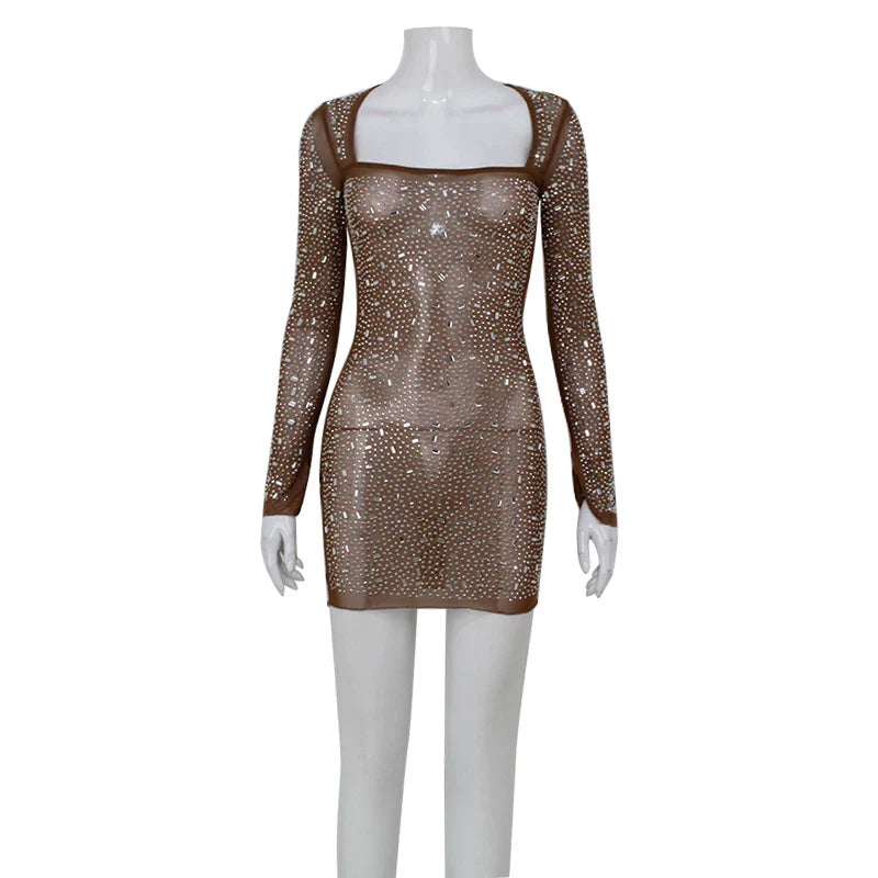 Xmsli | Rhinestone Mesh Square Neck Long Sleeve Dress for Women, Slim Fit Elegant Party Wear