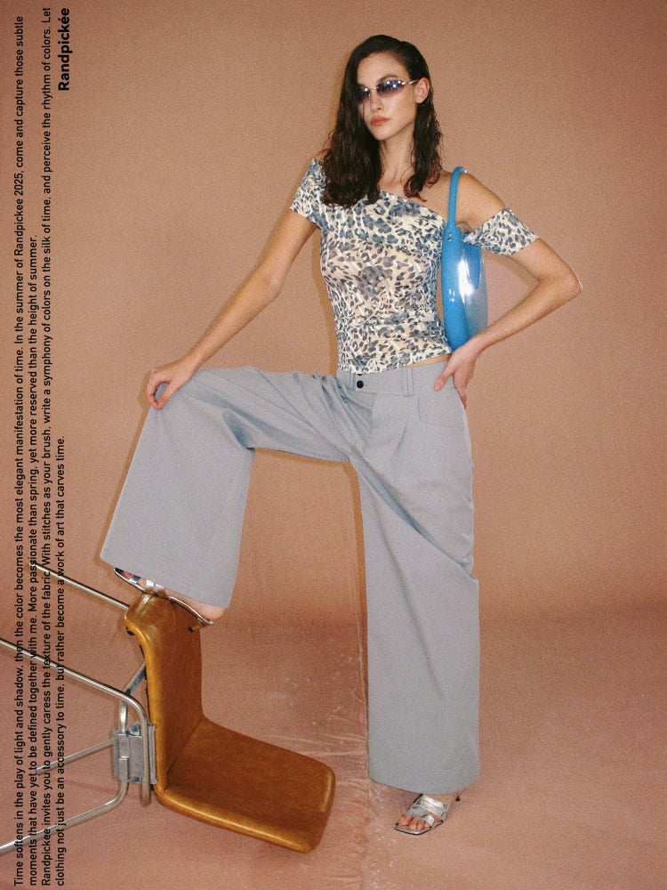 Xmsli | Wide-Waisted Double-Breasted Pleated Straight Leg Pants for Women, Three-Dimensional Pleats Casual Trousers