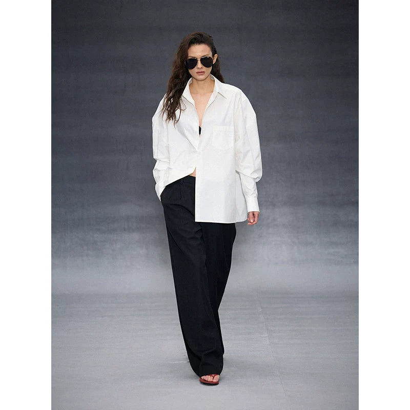 Xmsli | Low-Waisted Pleated Wide-Leg Drape Pants for Women, Slim Fit Casual Chic Trousers