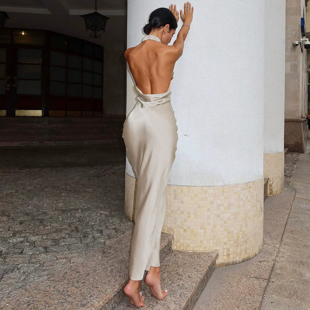 Xmsli | European & American Style Sexy Halterneck Backless Pleated Mini Dress - High Waist, Slim Fit, Knee-Length for Women