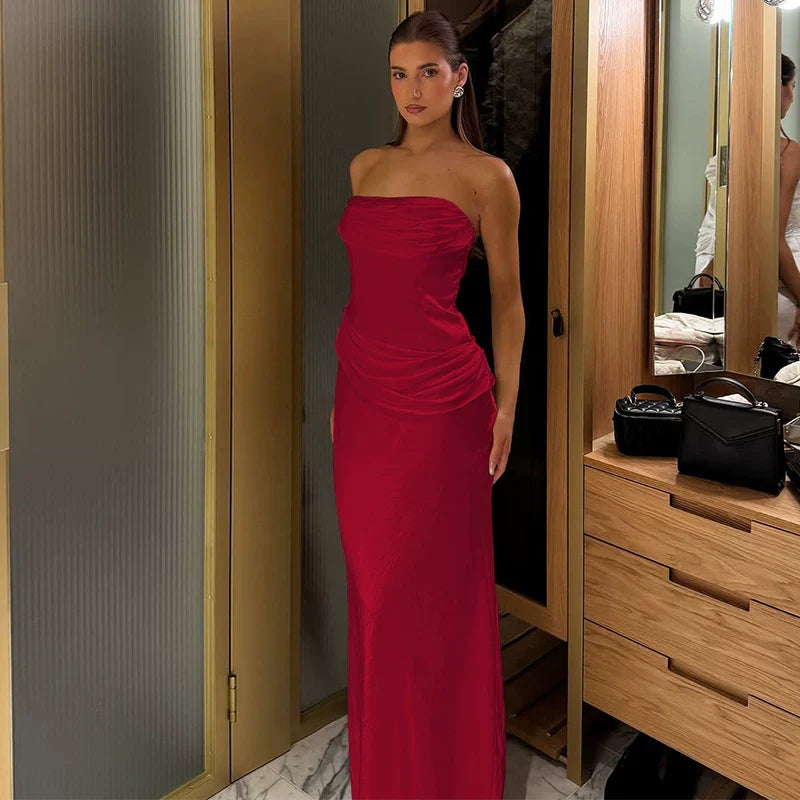 Xmsli | One-Line Collar Satin Zipper Tube Top Dress for Women, Pleated High-Waisted Slim Fit Maxi Skirt