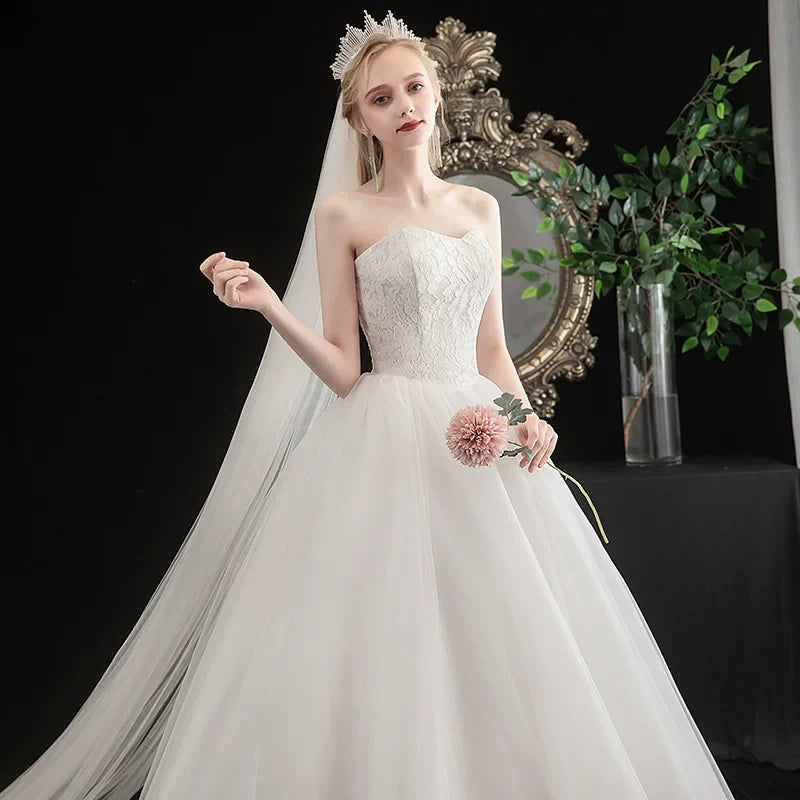 Xmsli | Summer and Autumn Tube Top Wedding Dress with Korean Lace, Fashionable Princess Fairy Bridal Gown for Women
