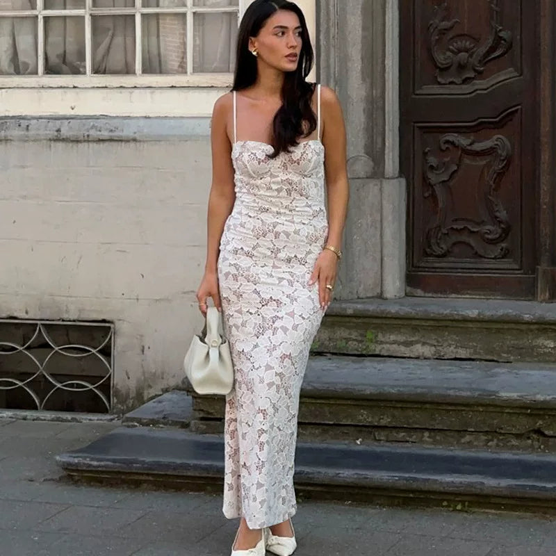 Xmsli | Low-Cut Backless Lace Suspender Maxi Dress for Women, Slim Fit Elegant Party Wear