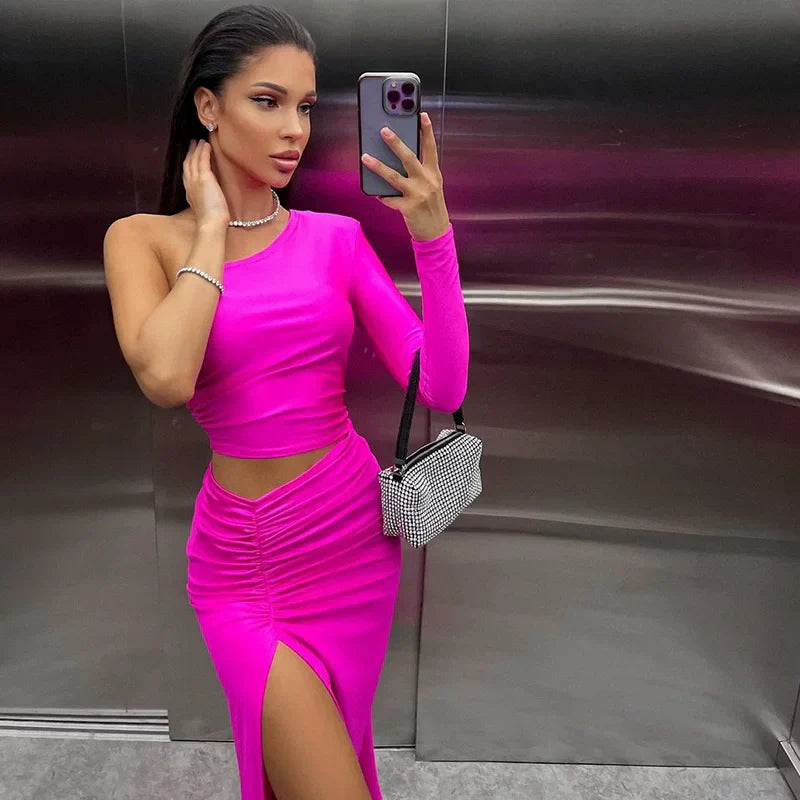 Xmsli | One-Shoulder Long Sleeve Maxi Dress for Women, Pleated High Slit Evening Wear