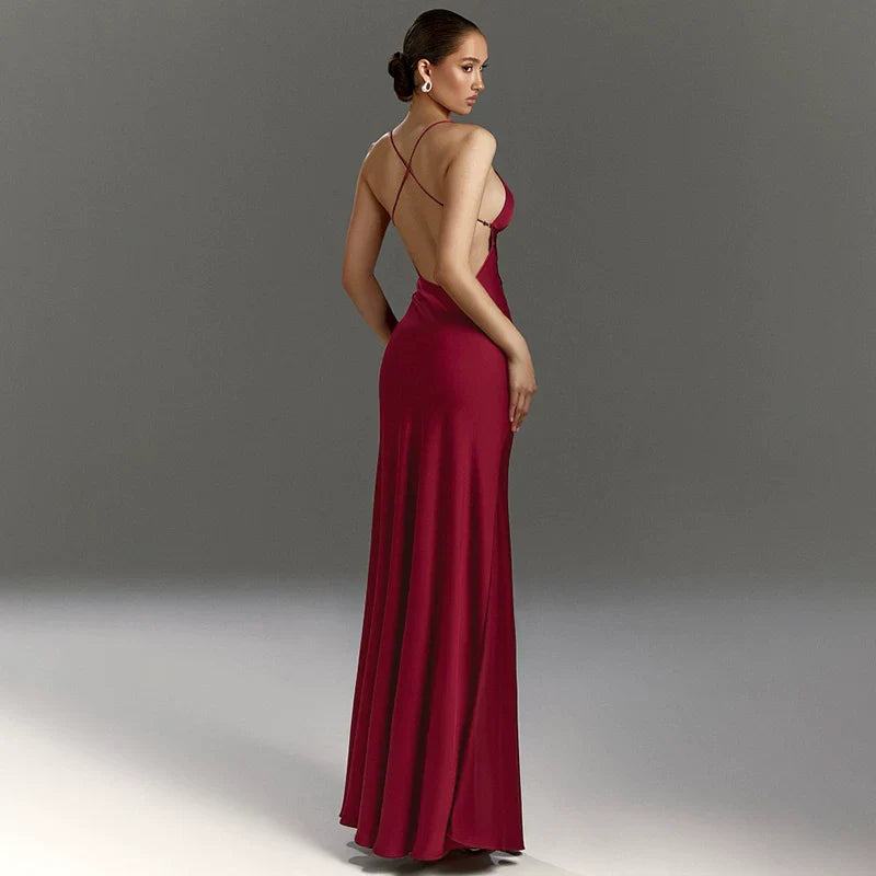 Xmsli | Deep V-Neck Suspender Dress for Women, High-Waisted Backless Slim Fit Maxi Skirt with Slit