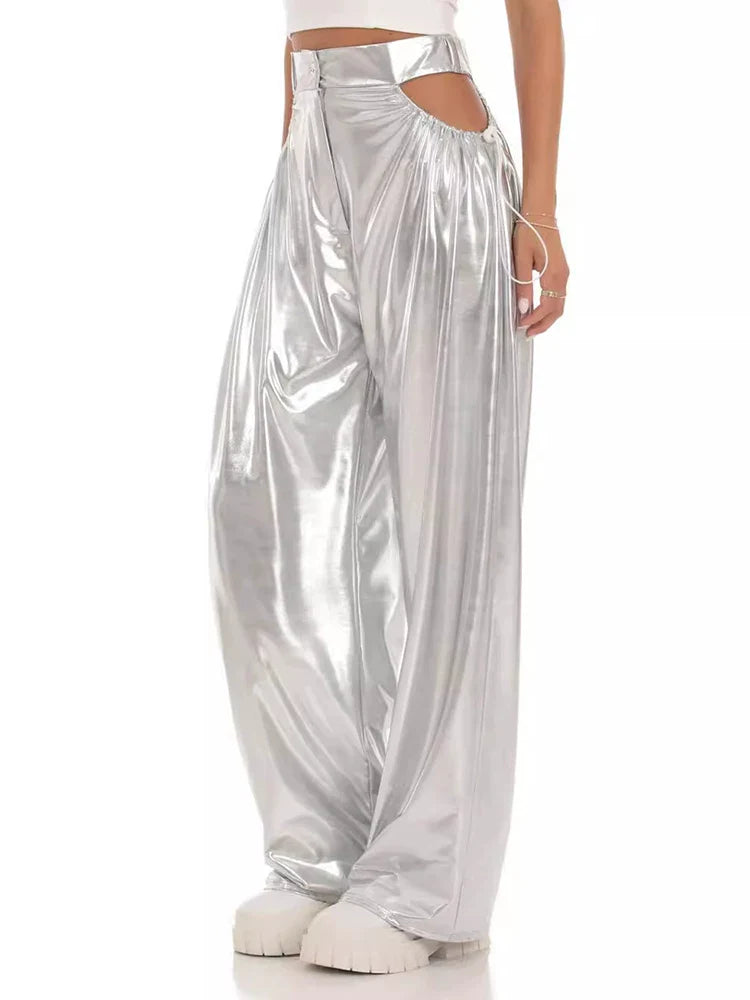 Xmsli | High-Waisted Shiny Silver Wide-Leg Pants for Women, Loose Fit Slim Straight-Leg Trousers