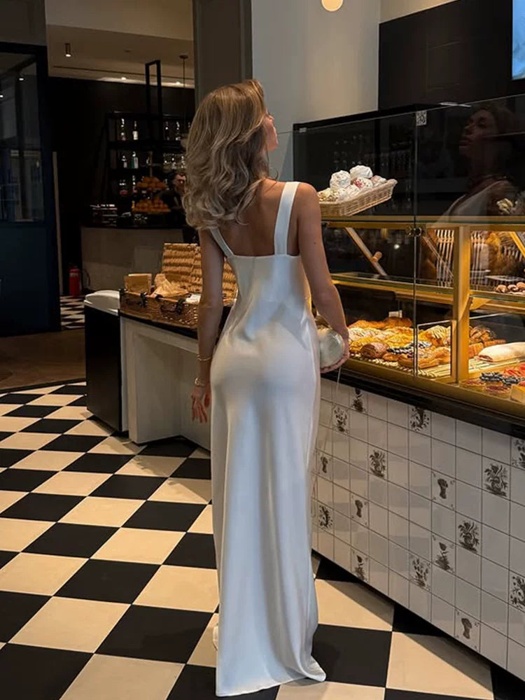 Xmsli | Elegant White Low-Cut Backless Maxi Dress for Women, Slim Fit Sophisticated Party Wear