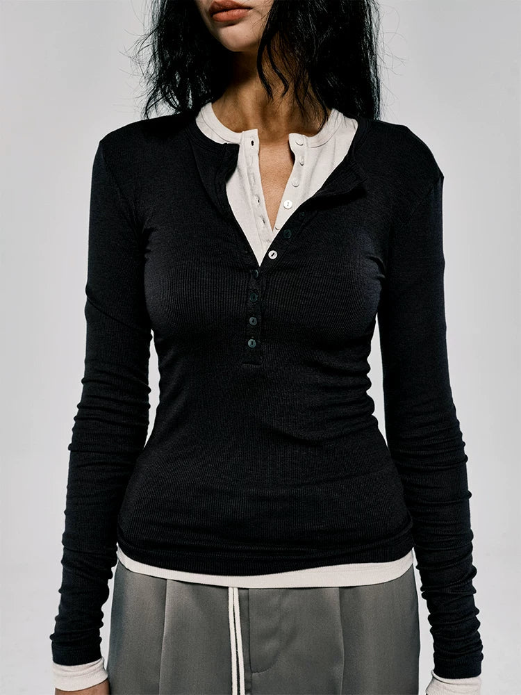 Xmsli | Shell Button Half-Open Collar Henley Shirt for Women - Slim Waist, Long-Sleeved Layered Top