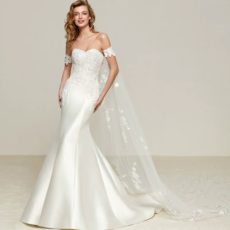 Xmsli | French One-Shoulder Satin Fishtail Wedding Dress with Detachable Train, Slim Fit Bridal Gown for Special Occasions