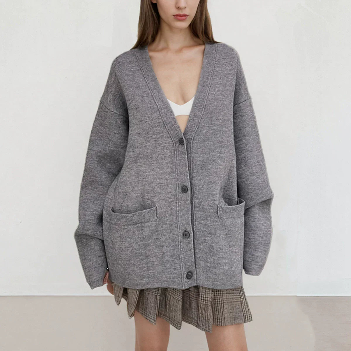 Xmsli | High-End V-Neck Loose Knitted Cardigan Top for Women - Casual Lazy Style Thickened Sweater Jacket