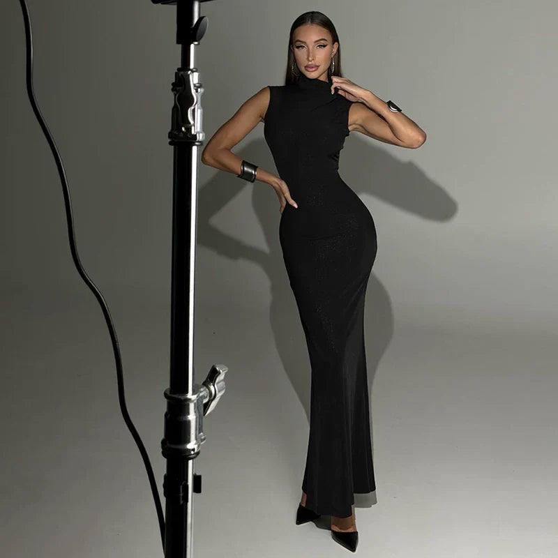 Xmsli | Sleeveless High-Neck Mermaid Maxi Dress for Women, Slim Waist Elegant Evening Wear