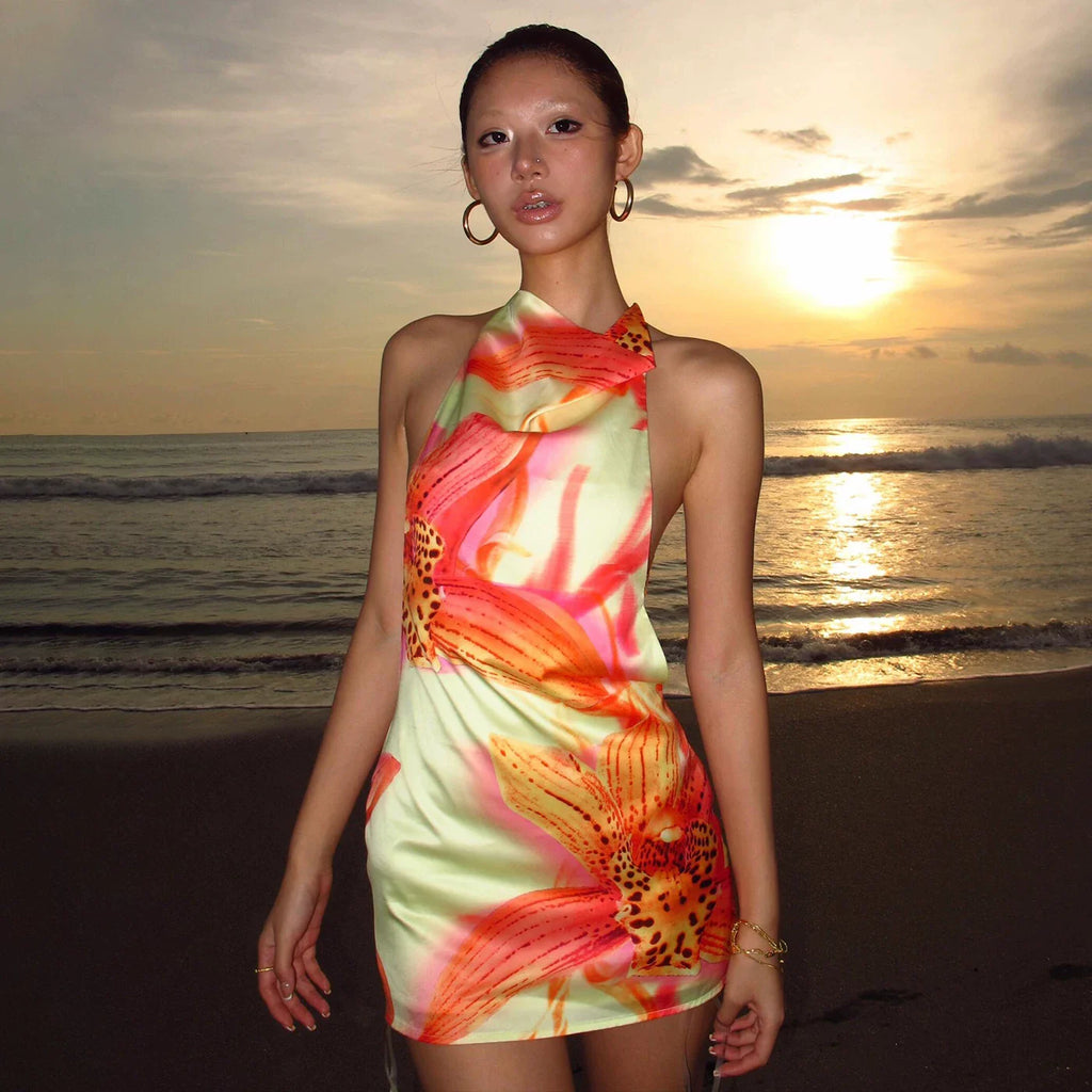 Xmsli | Resort Style Flower Smudged Neck Sleeveless Dress, Slimming Hip-Hugging mini Skirt for Hot Girls