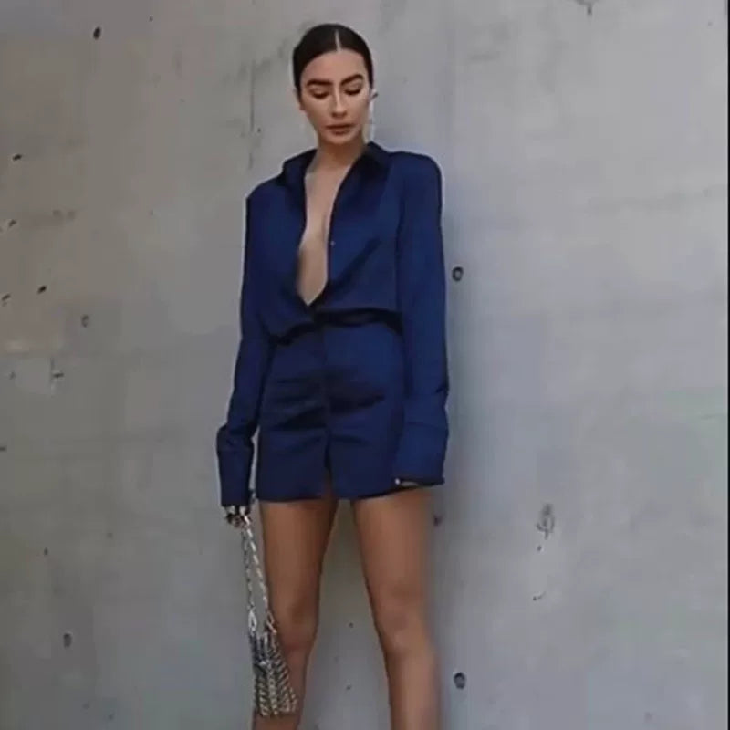 Xmsli | Satin Shoulder-Padded Dress with Hip-Covering Skirt for Women, Slim Fit Retro Elegant Wear