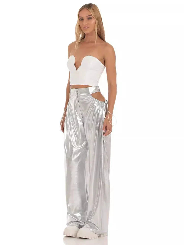 Xmsli | High-Waisted Shiny Silver Wide-Leg Pants for Women, Loose Fit Slim Straight-Leg Trousers