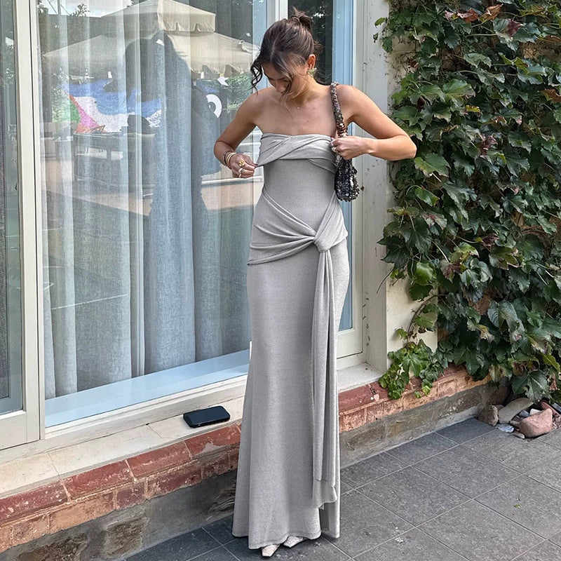 Xmsli | Sexy One-Line Collar Tube Top Dress for Women - Solid Color, Slim Fit, Strap Waist Long Skirt