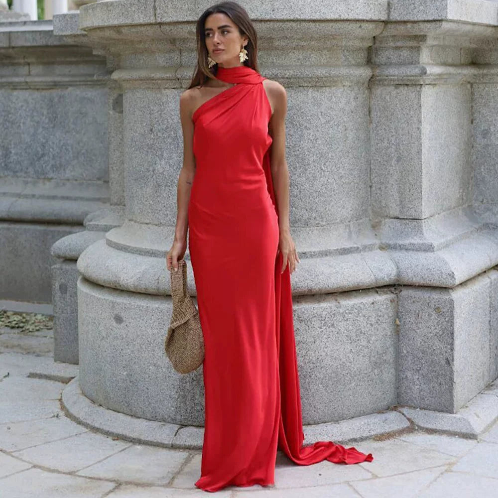 Xmsli | Satin Halter Neck Backless Dress for Women, Sexy Floor-Length Holiday Travel Gown
