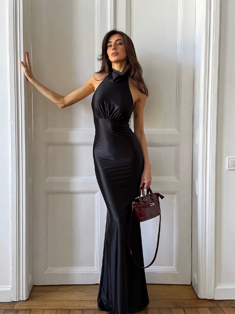 Xmsli | Elegant Satin Halter Neck Fishtail Evening maxi Dress for Women, Slim Fit Formal Gown