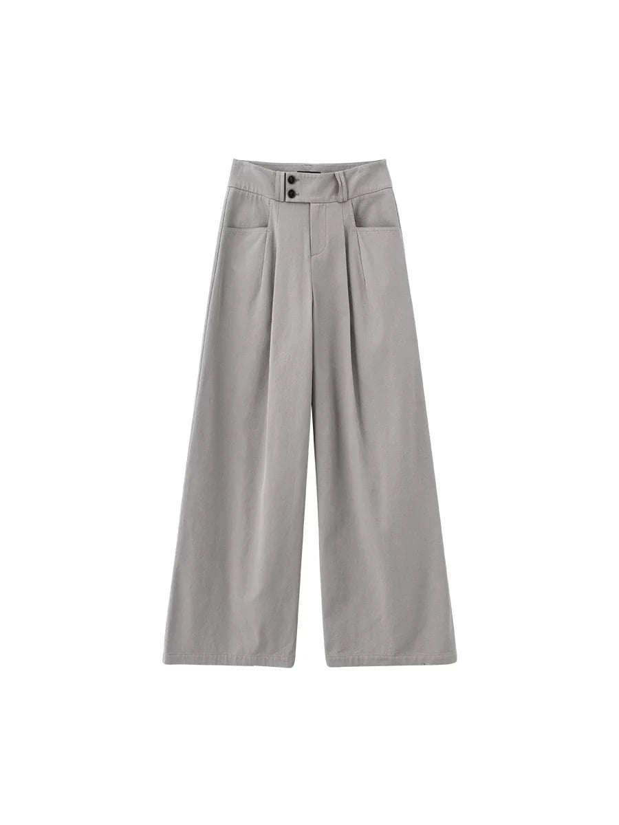 Xmsli | Wide-Waisted Double-Breasted Pleated Straight Leg Pants for Women, Three-Dimensional Pleats Casual Trousers