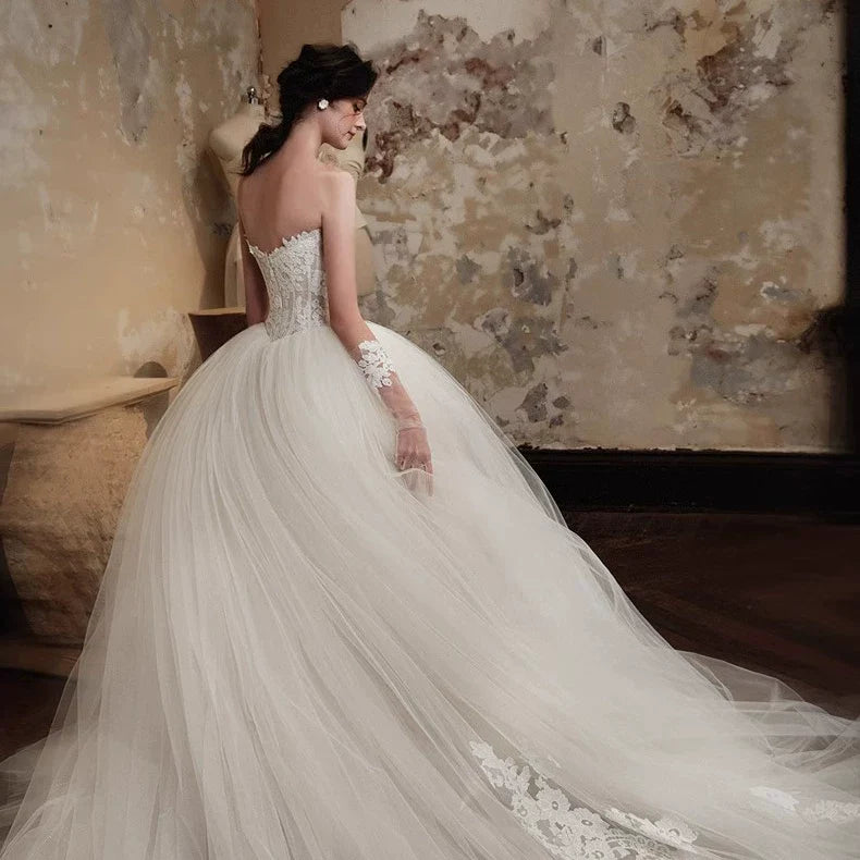 Xmsli | French Lace Princess Tube Top Wedding Dress with Slimming Tutu Skirt, Dreamy Forest Style Bridal Gown