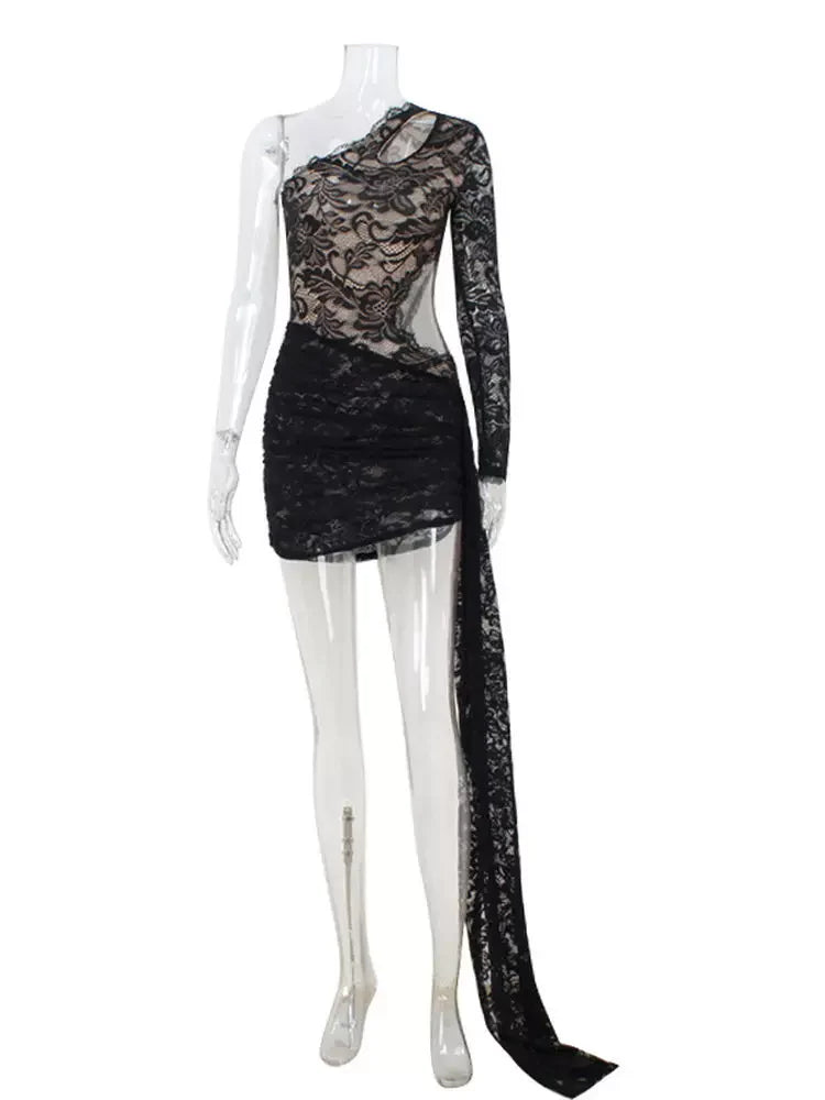 Xmsli | Lace Sheer Diagonal Collar mini Dress for Women, Slim-Fit Ribbon Long Sleeve Party Wear