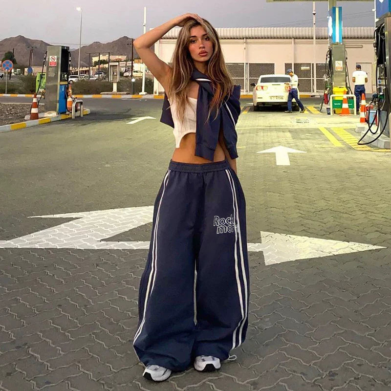 Xmsli | Parallel Bars Contrast Color Letter Print Wide Leg Pants for Women, Low-Waist Casual Street Style