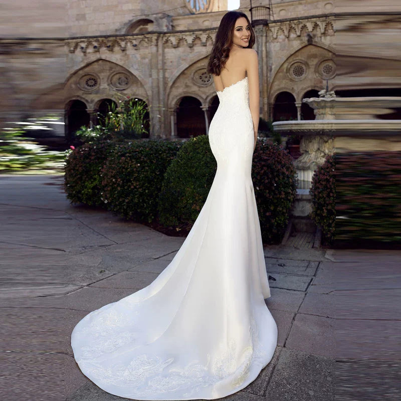 Xmsli | Strapless Mermaid Wedding Dress, Slim Princess French Satin Bridal Gown with Train for Travel Photography