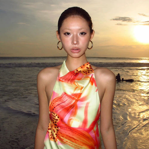 Xmsli | Resort Style Flower Smudged Neck Sleeveless Dress, Slimming Hip-Hugging mini Skirt for Hot Girls