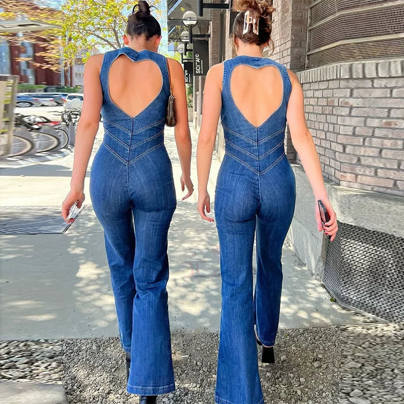 Xmsli | Zipper Half-Open Collar Denim Jumpsuit for Women, Backless Slim Fit Trousers