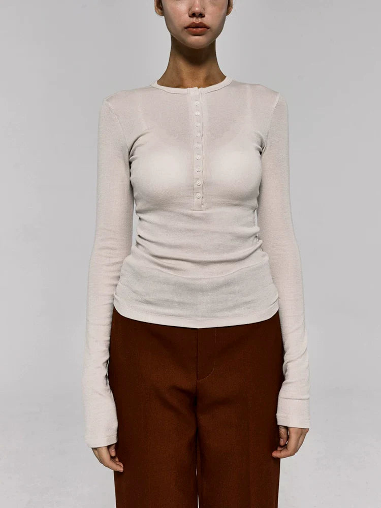 Xmsli | Shell Button Half-Open Collar Henley Shirt for Women - Slim Waist, Long-Sleeved Layered Top