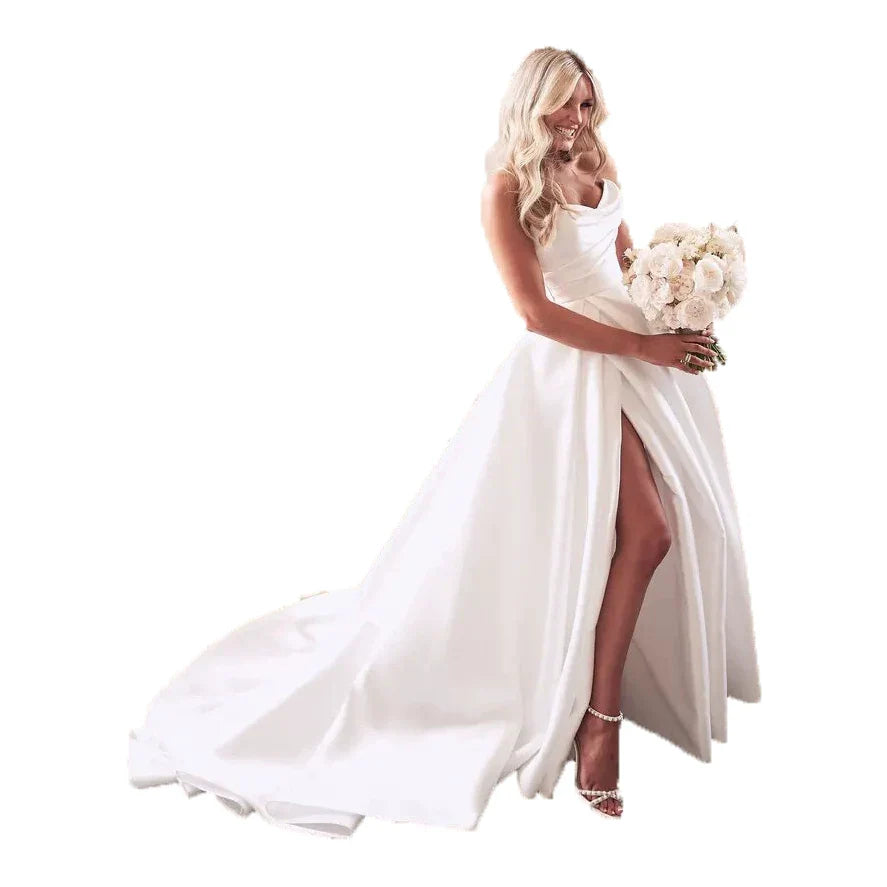 Xmsli | French Satin Tube Top Wedding Dress with High Slit, Slim Fit Super Fairy Bridal Gown for Travel Photography