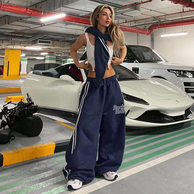 Xmsli | Parallel Bars Contrast Color Letter Print Wide Leg Pants for Women, Low-Waist Casual Street Style