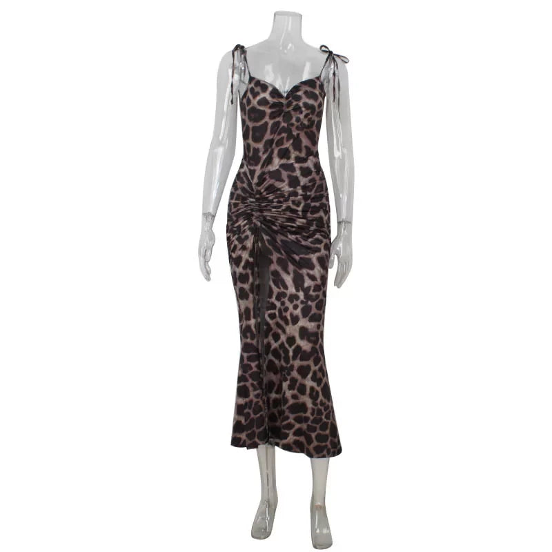 Xmsli | Leopard Print Low-Cut Suspender Maxi Dress for Women, Slim Fit Pleated Party Wear