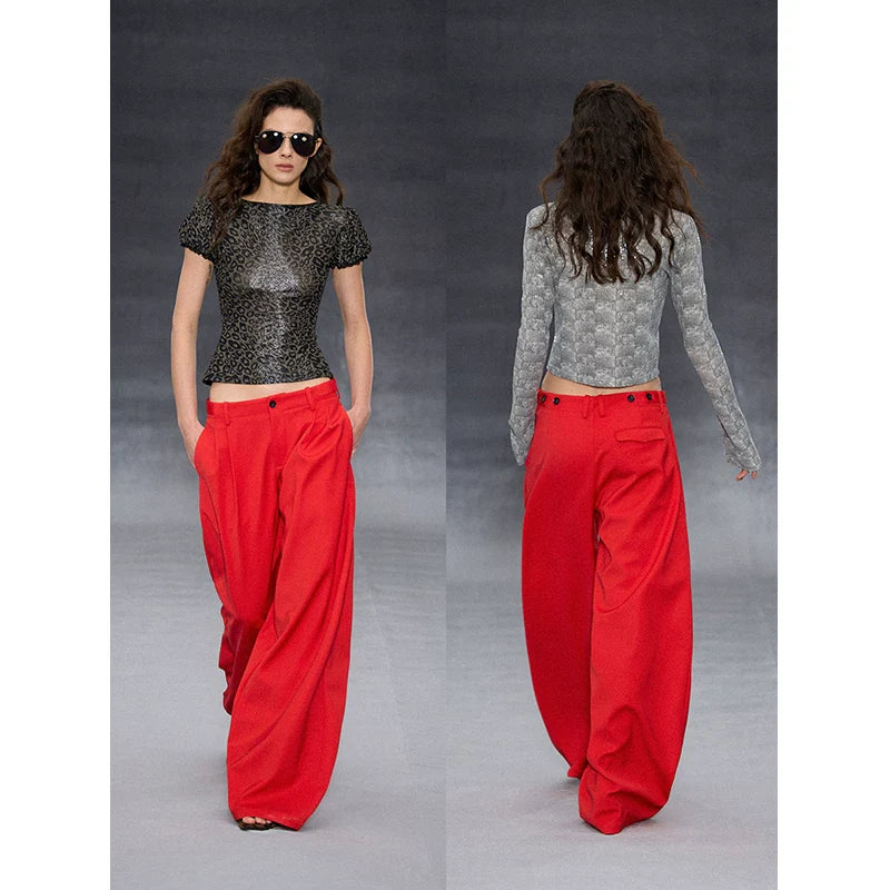 Xmsli | Low-Waisted Pleated Wide-Leg Drape Pants for Women, Slim Fit Casual Chic Trousers