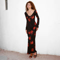 Xmsli | Retro Printed Lace-Up Long Dress for Women, Slim Fit Hip-Hugging Party Wear