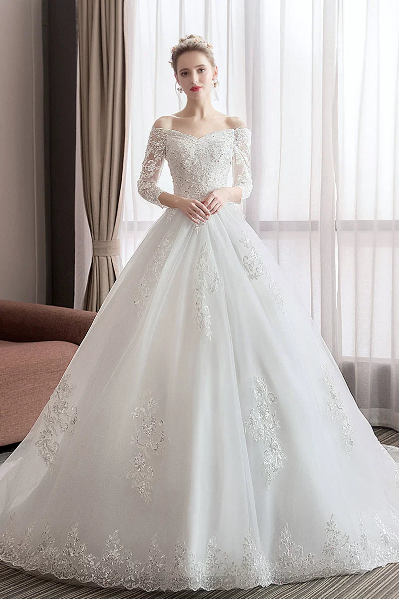 Xmsli | One-Shoulder Lace Wedding Dress with Large Train, Luxury Heavy Industrial Forest Style Bridal Gown for Pregnant Brides