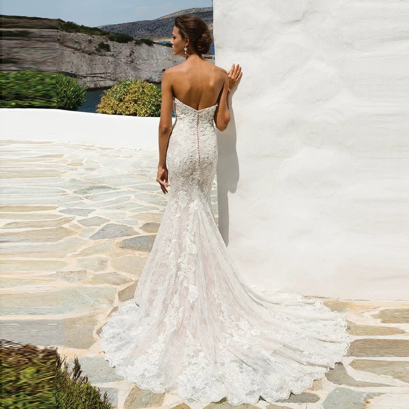 Xmsli | Simple Tube Top Fishtail Wedding Dress, Slimming Princess Bridal Gown with French Lace and Forest Fairy Style