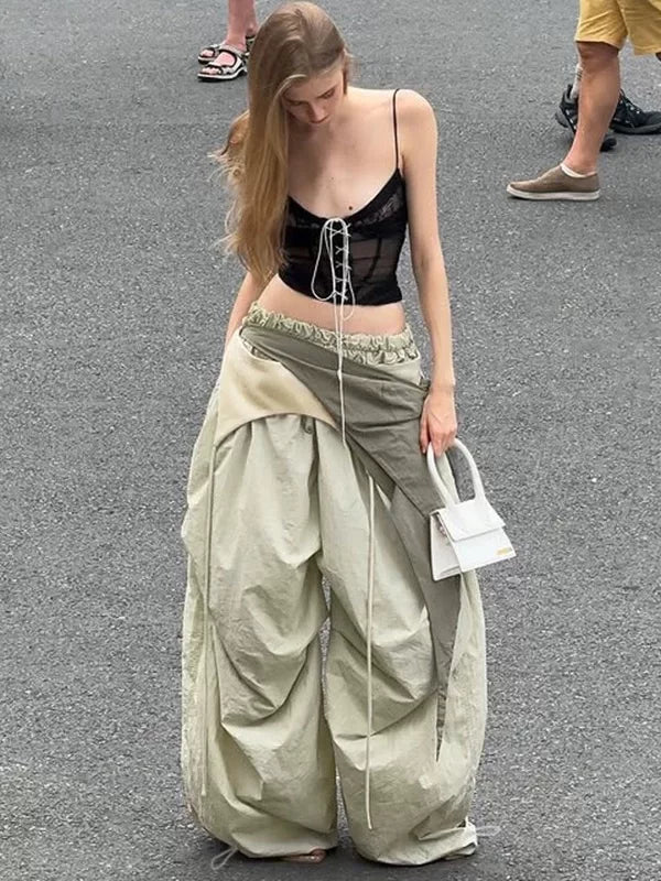 Xmsli | Light Green Wide-Leg Casual Pants with Characteristic Waistband for Women, West Coast High Street Vibe