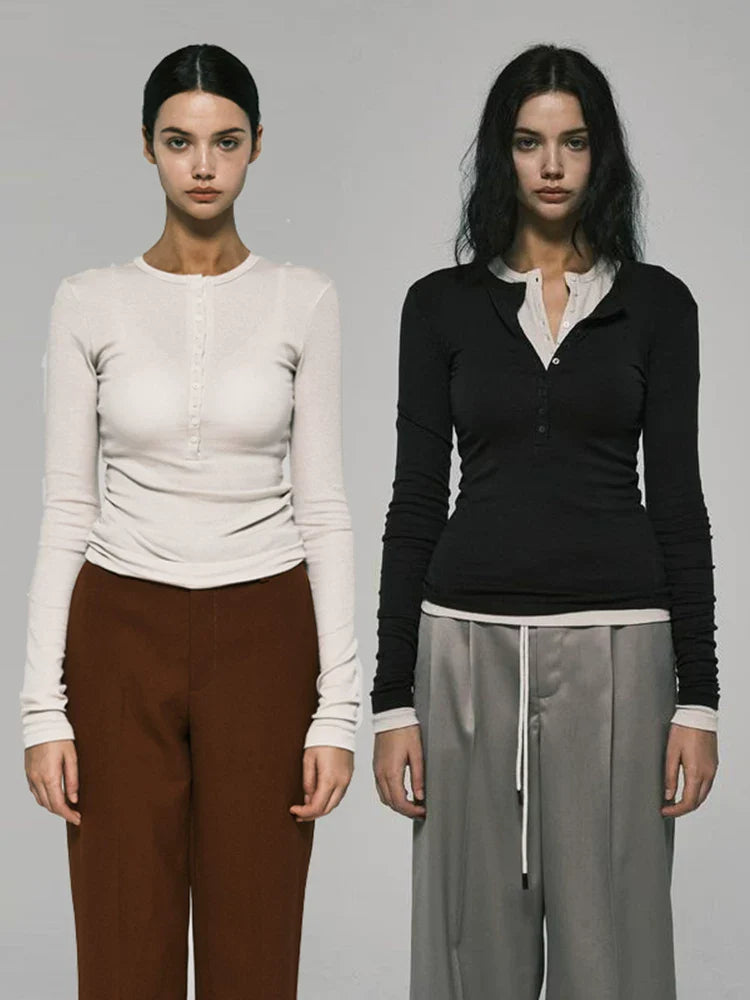 Xmsli | Shell Button Half-Open Collar Henley Shirt for Women - Slim Waist, Long-Sleeved Layered Top