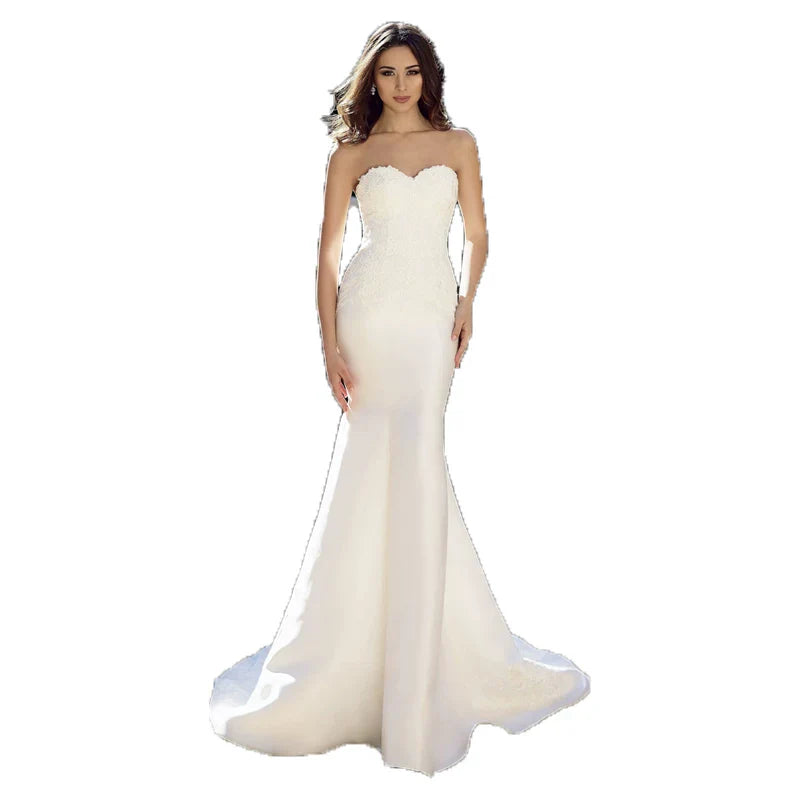 Xmsli | Strapless Mermaid Wedding Dress, Slim Princess French Satin Bridal Gown with Train for Travel Photography