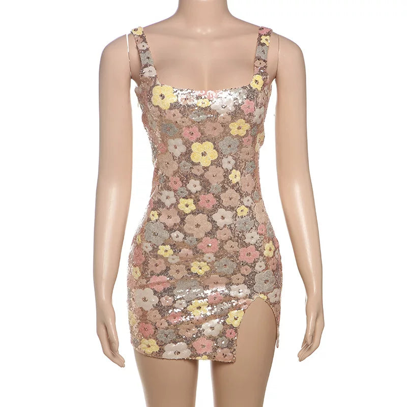 Xmsli | Square Neck Sequined Mini Dress for Women, Slim Fit Hip-Hugging Party Wear