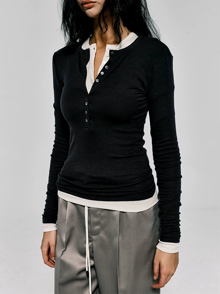 Xmsli | Shell Button Half-Open Collar Henley Shirt for Women - Slim Waist, Long-Sleeved Layered Top