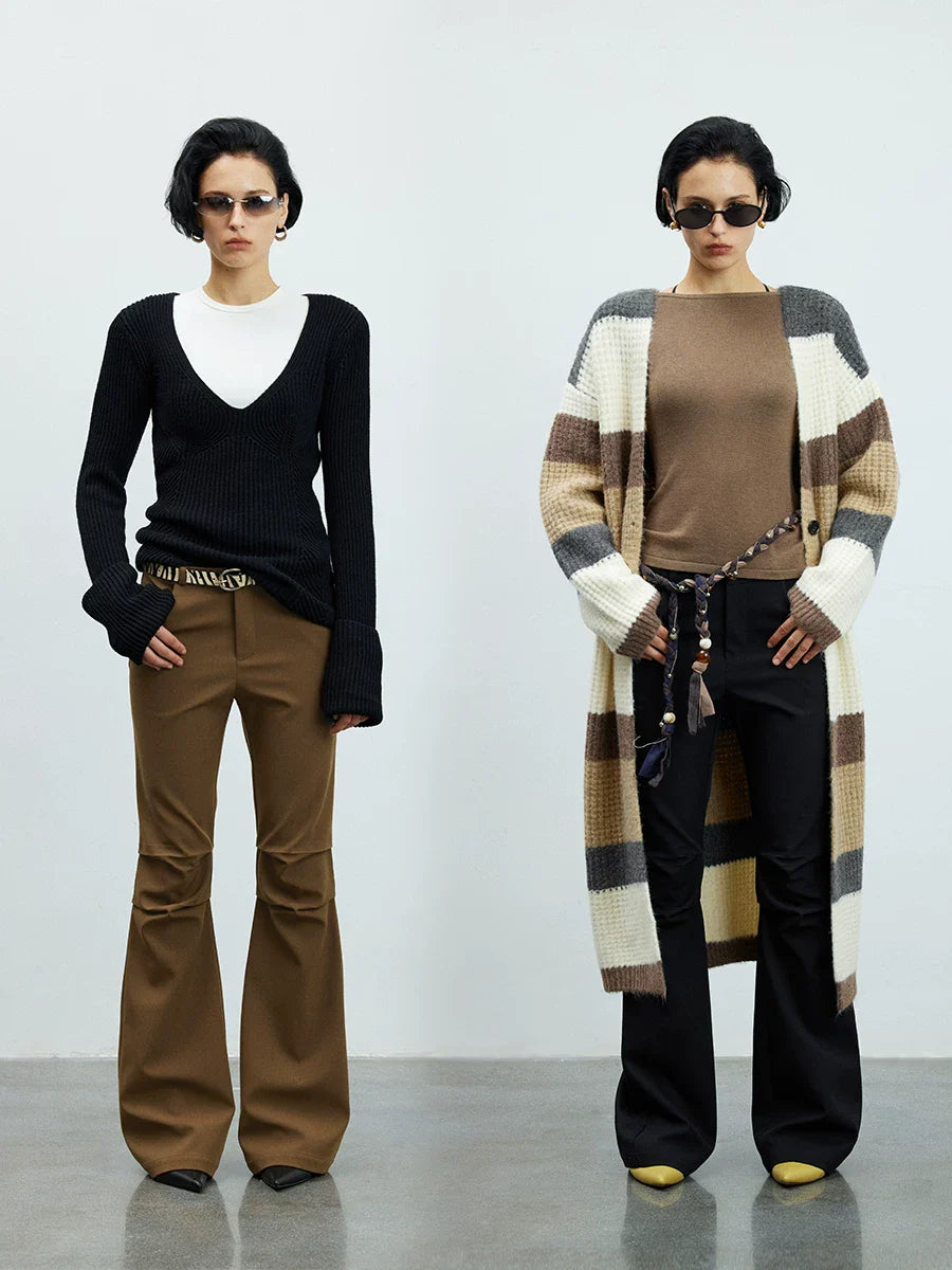 Xmsli | Slim Fit Pleated Bootcut Trousers for Women, Knee-Length Stylish Casual Pants