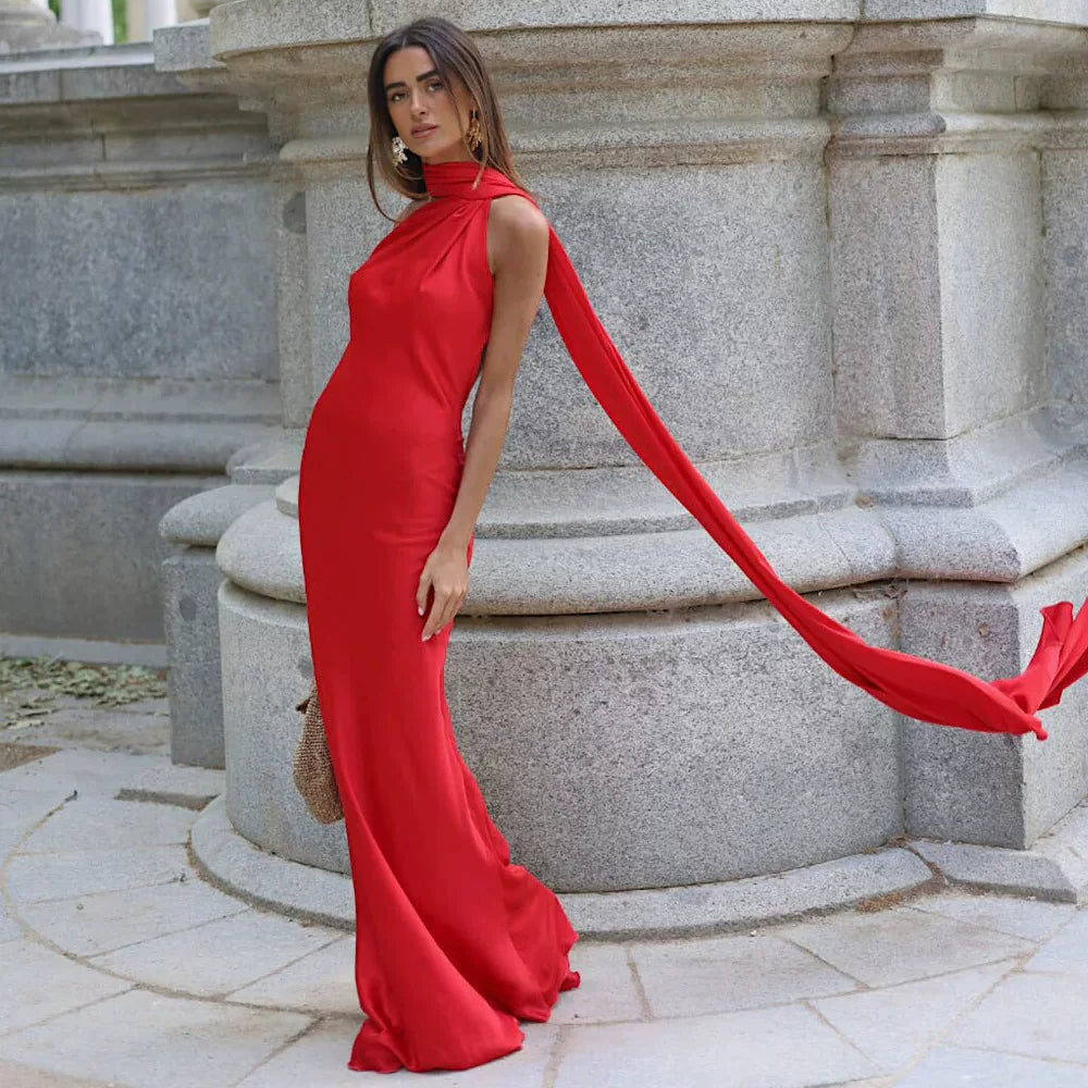 Xmsli | Satin Halter Neck Backless Dress for Women, Sexy Floor-Length Holiday Travel Gown