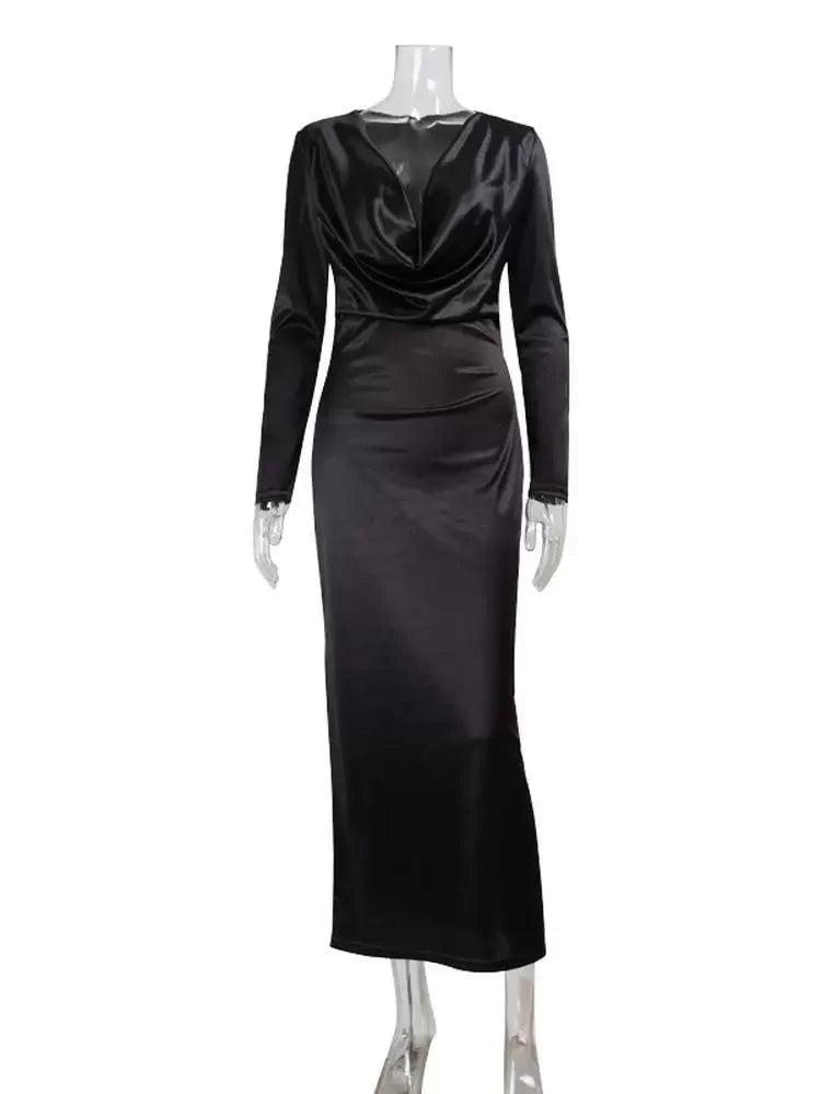 Xmsli | Satin V-Neck Long Sleeve Dress for Women, Slim Fit Elegant Evening Wear