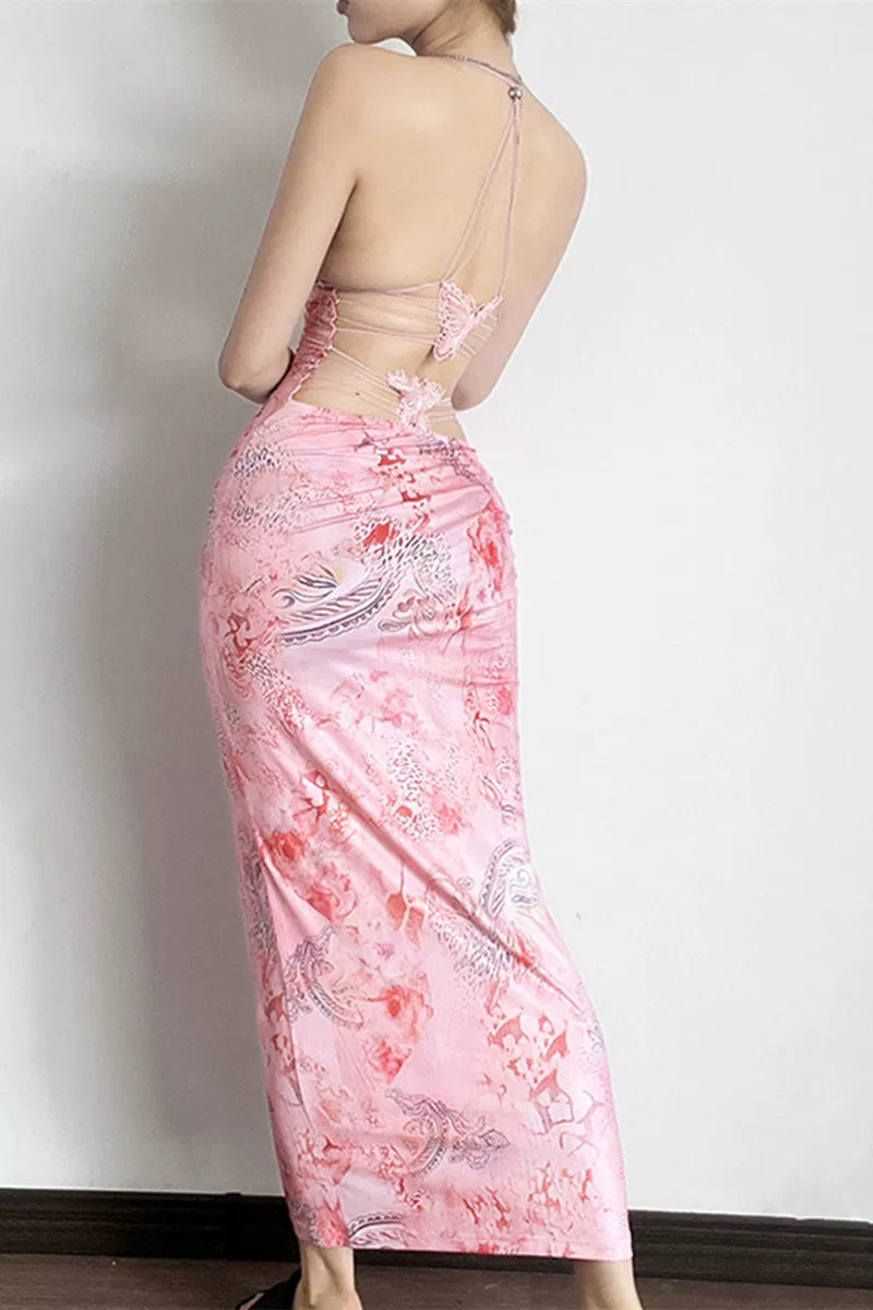 Xmsli | Strappy Butterfly Backless Midi Dress for Women, Slim Fit Hip-Hugging Party Wear