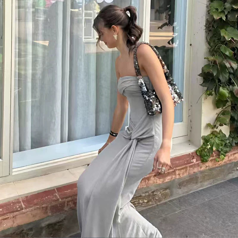 Xmsli | Sexy One-Line Collar Tube Top Dress for Women - Solid Color, Slim Fit, Strap Waist Long Skirt