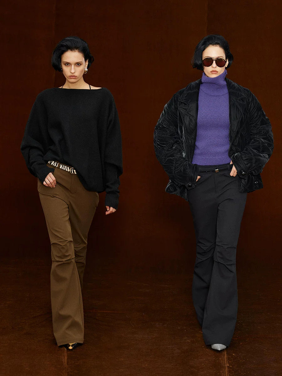 Xmsli | Slim Fit Pleated Bootcut Trousers for Women, Knee-Length Stylish Casual Pants