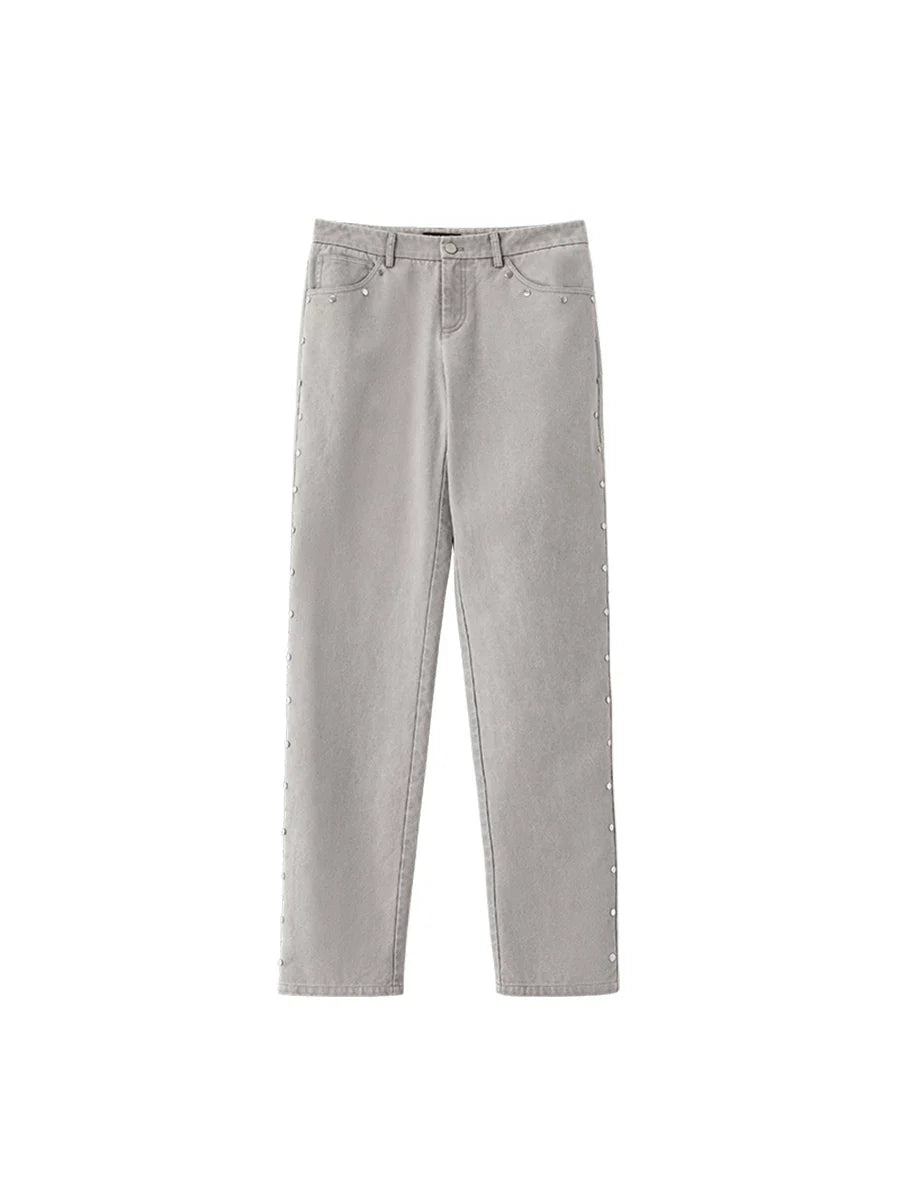 Xmsli | Sand Washed Faded Rivet Low-Rise Straight Trousers for Women, Vintage Style Casual Denim Pants