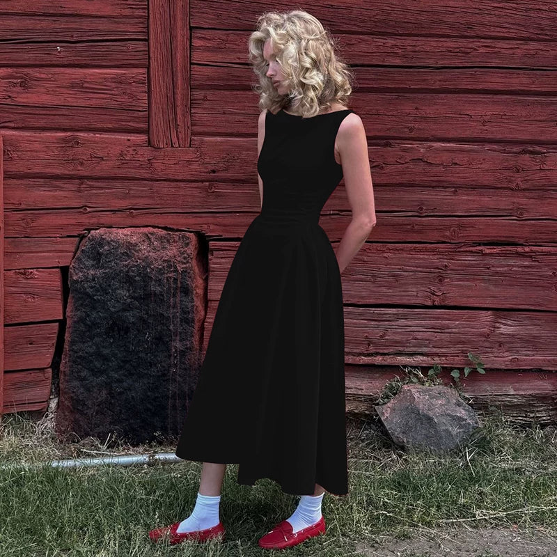 Xmsli | European & American Style Round Neck Sleeveless A-Line Mini Dress for Women - High Waist, Slim Fit, Sexy Backless Design