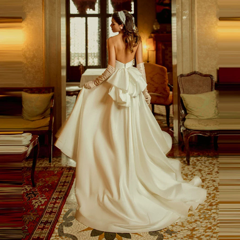 Xmsli | French Satin Bandeau Wedding Dress, Slim Fit with Front Short and Back Long Design, Fairy Forest Style Bridal Gown